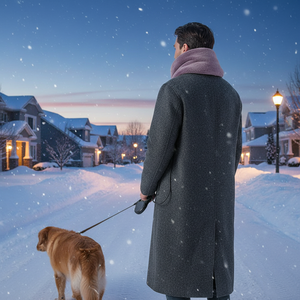 Person walking a dog on a snowy evening wearing the USB heated scarf