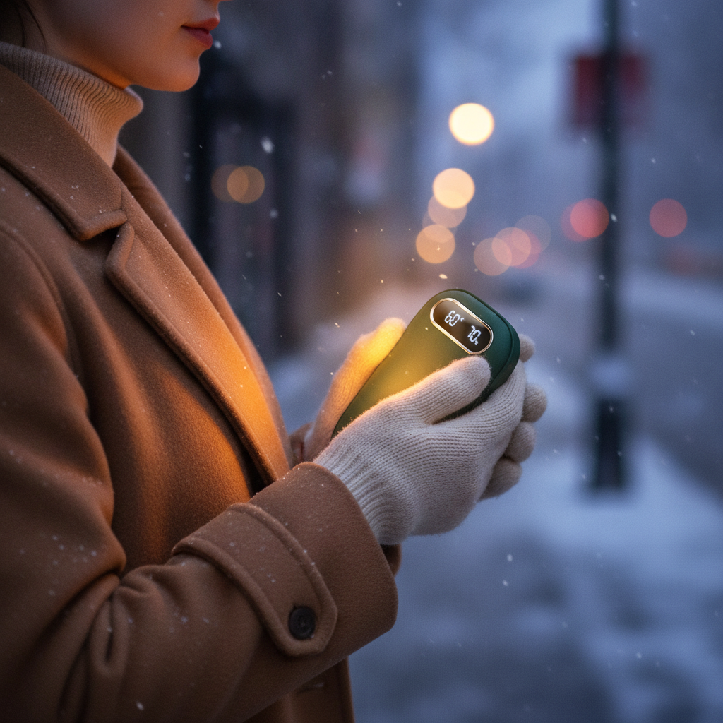 Hands holding the rechargeable hand warmer on a snowy evening street