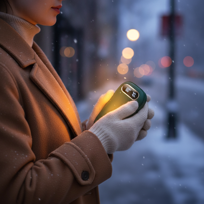 Hands holding the rechargeable hand warmer on a snowy evening street
