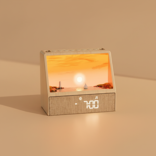 Sunrise alarm clock glowing on a warm beige background