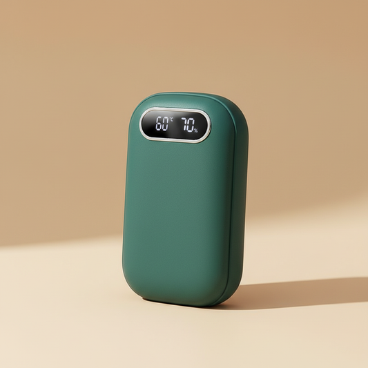 Rechargeable hand warmer with LED display on a warm beige background