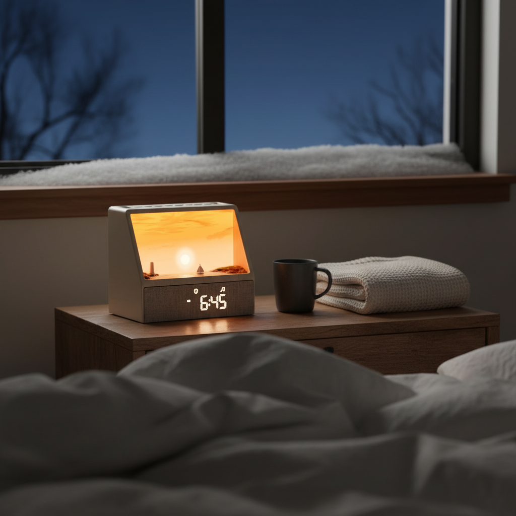 Sunrise alarm clock glowing on a nightstand on a dark winter morning