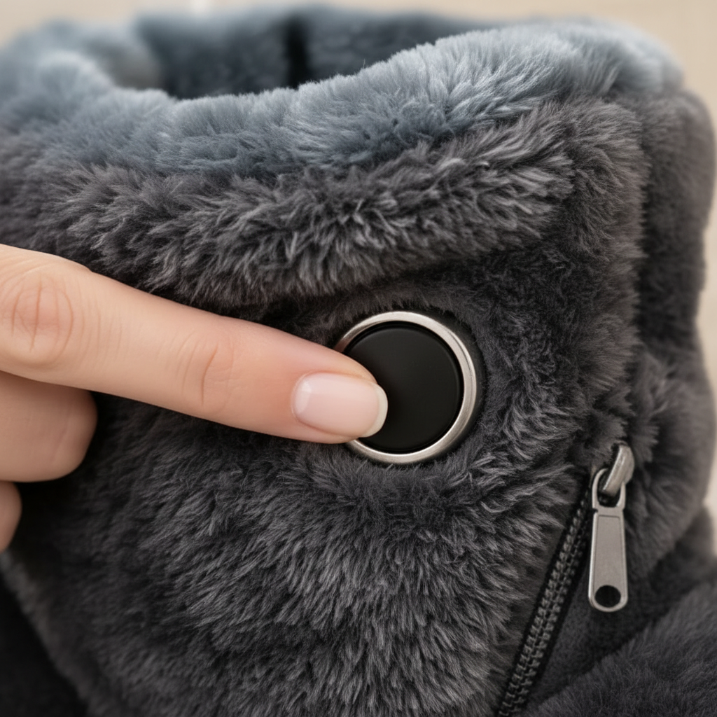 Close-up of the power button and side zipper