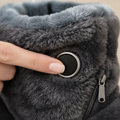 Close-up of the power button and side zipper