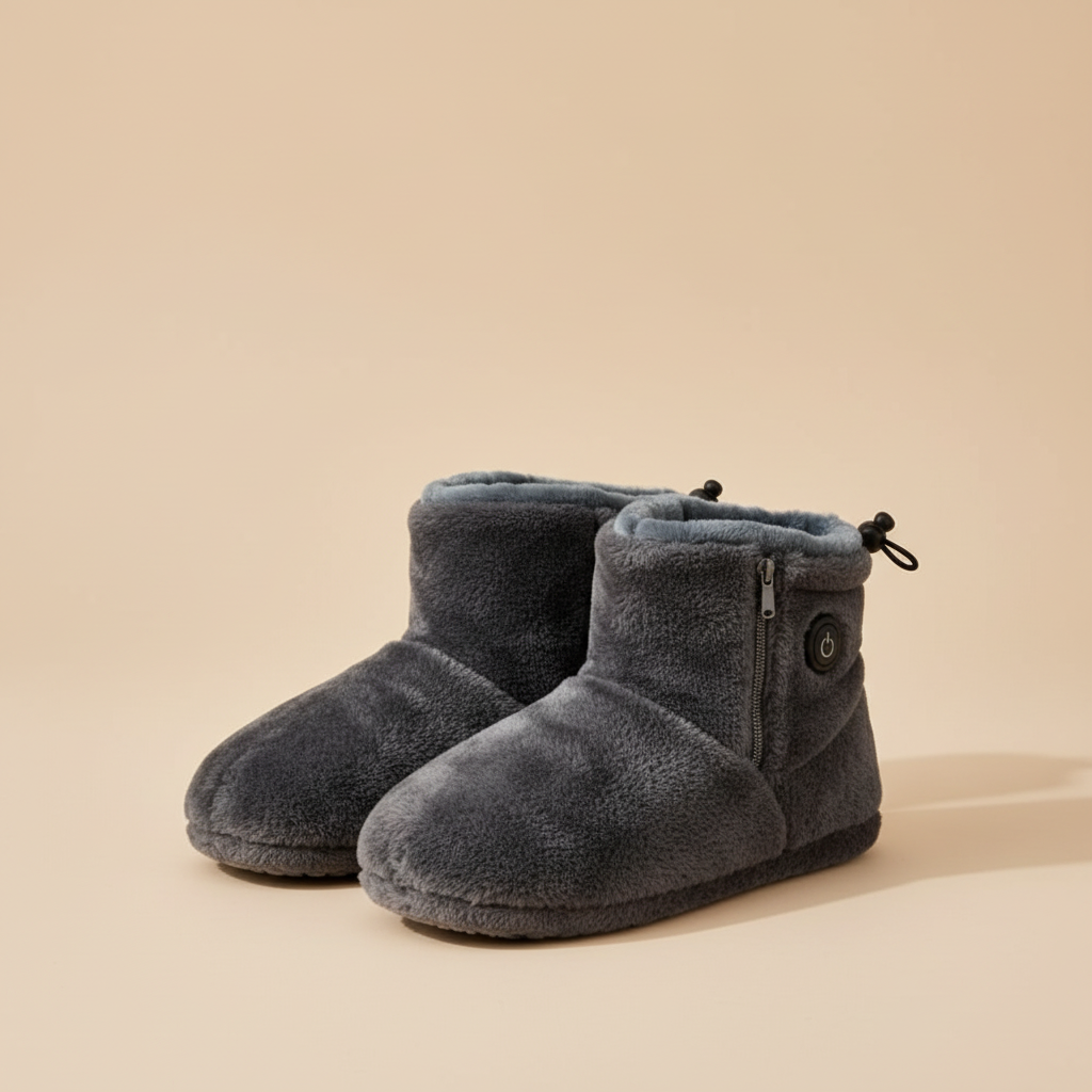 CozyStep heated slipper boots in dark grey plush on a warm beige background