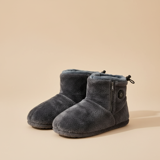 CozyStep heated slipper boots in dark grey plush on a warm beige background
